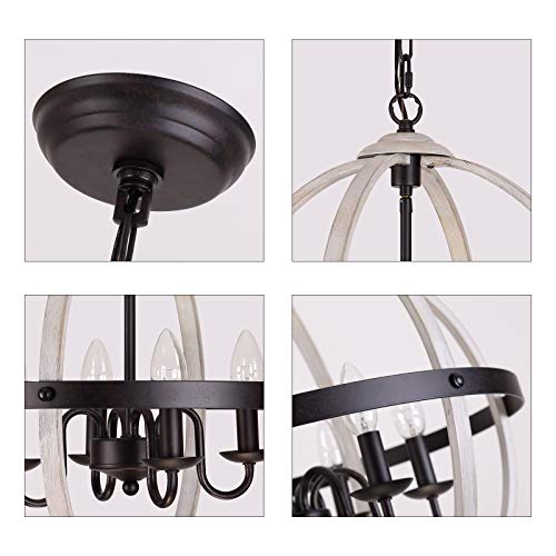 Q&S Rustic Farmhouse Light Fixture, Industrial Metal Pendant Light, Orb And Oak White Vintage Chandelier, 4 Lights Round Chandelier Fixture For Kitchen Island Dining Room Ul Listed #TOP5
