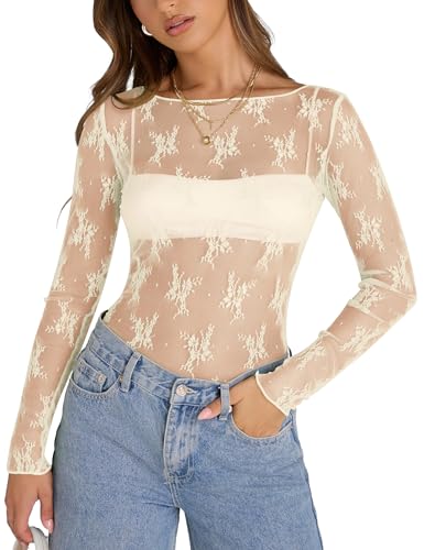 KTILG Mesh Boat Neck Top Long Sleeve Women Sexy See Through Tops Sheer Lace Blouse Shirts Night Out Top Clothes Creamy M