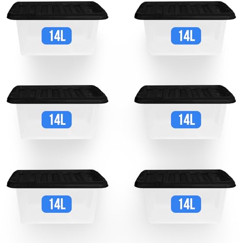 KAPCO Space-Saving Containers - Small 14 Litre Stackable Storage Boxes with Lids (6-Pack) | Clear Plastic Boxes for Home Organization - Ideal for Craft, Shoe, Toys and Kitchen Essentials | 14 Litre