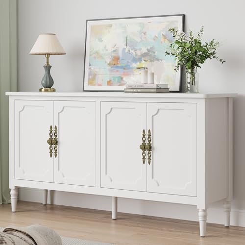 Image of FansaFurn 58'' Large Sideboard Buffet Cabinet with 4 Doors, Modern Credenza Buffet Table for Coffee Bar, Storage Cabinet for Dining Room Living Room, White