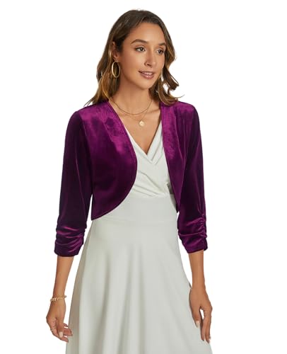 Image of Womens Velvet Bolero Shrug Elegant Open Front Ruched 3 /4 Sleeve Cocktail Party Cropped Cardigan