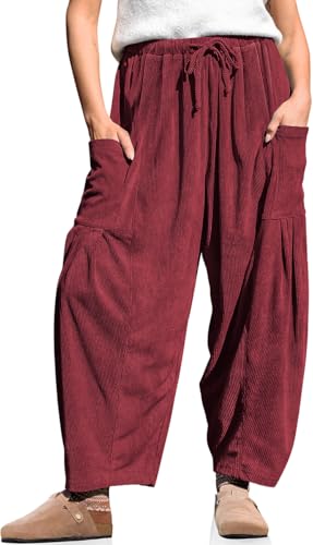 TARSE Womens Corduroy Pants Wide Leg Drawstring Low Waist Palazzo Harem Pants 2025 Trendy Fashion Cargo Pants with Pockets, Wine, M