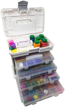 Lunar Box, Storage Carry Case With 5 compartmetns, 4 Adjustable Multi-Compartment Pull Out Drawer Boxes, Organiser Caddy for Arts, Crafts, Sewing and DIY (White)