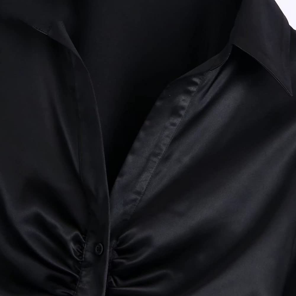 Camicia Uomo,Delle Donne Nero Solido Raso Di Seta Risvolto Bottone Volant Attillato Slim Fit Sexy Camicette Estive Tunica A Maniche Lunghe Elegante Casual Alla Moda Magliette E Camicette Camicia Da