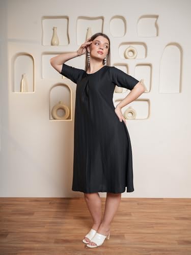 Image of Purvaja Women's Solid Half Sleeve A-Line Midi Dress
