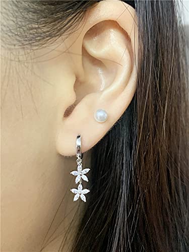 Double Cz Flower Dangle Hoop Earrings For Women Girls 925 Sterling Silver Charms Tiny Rhinestone Daisy Flower Bar Drop Dangling Small Hoop Cartilage Stud Tragus Dainty Fashion Earrings (Silver) #TOP2