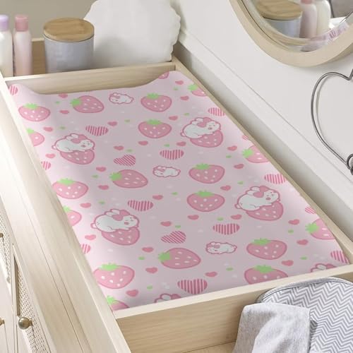 PJHEQOXE Diaper Changing Pad Cover Strawberry Bunny Comfy Breathable Changing Table Cover for 32 x16 in Changing Table Pads Washable Universal Size