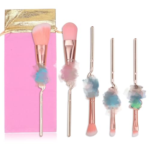 shengo Stitch Eyeshado Lot de 5 pinceaux de maquillage avec sac de rangement pour poudre, fard à paupières, blushes, lèvres, cadeaux Kawaii Stitch pour fille et femme