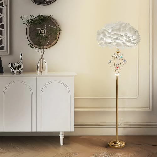 Image of Smartway NestLux Fur LED Floor Lamp, Plant Shape Feather Standing Light with Gold Finish, Decorative Lighting for Living Room Bedroom Corner Decor, Modern Stylish Home Lighting