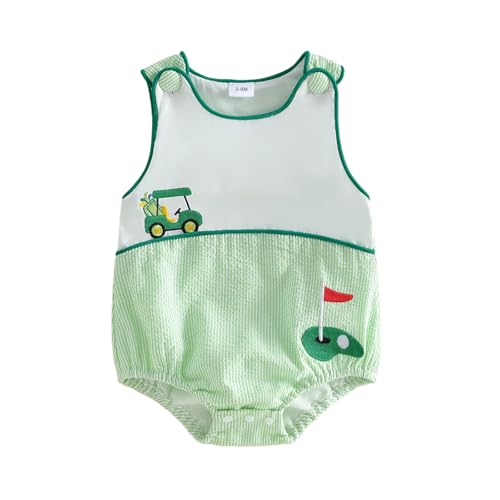 mlpeerw Baby Boy Girl Golf Outfit Newborn Sleeveless Golf Cart Embroidery Bubble Romper Overalls Masters Golf Summer Outfits (Golf Themed Embroidery Green 12-18 Months)