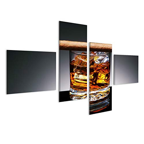 islandburner Tableau sur toile Cigare allumé reposant sur un verre de whisky et des glaçons Cadre Affiche Poster Murale Tableaux