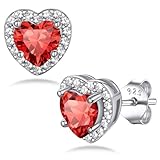 Bestyle 925 Sterling Silver Love Heart Cut Cubic Zirconia Stud Earrings, Brilliant Created July Ruby CZ Birthstone Earrings for Women