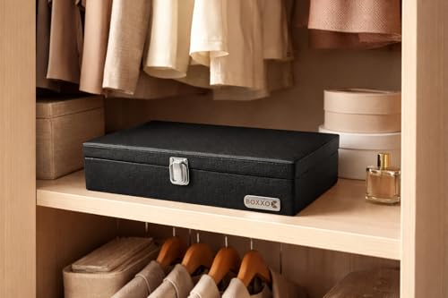 Image of BOXXO 12 Slot Watch Organizer Box for Men & Women - Premium PU Leather Watch Case, Soft Velvet Cushions & Glass Lid Display, Elegant Storage Box - 34x20x8 cm (Black /Cream, 12 Slots)