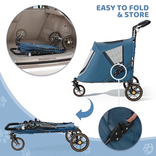 Image of Magshion Pet Stroller for Medium Large Dog, 3-Wheel Foldable Jogger, Navy | All-Terrain with Adjustable Handle, Dual Entry, Rear Storage, Breathable Mesh, One-Foot Brake, Up to 55 lbs