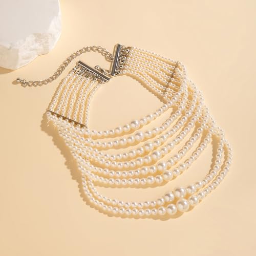 Octwine Boho Round Imitation Pearl Layered Choker Necklace Multi Strands Vintage 1920s Bridal Wedding Christmas Vintage Shiny Large Necklace for Women (Silver 3)4