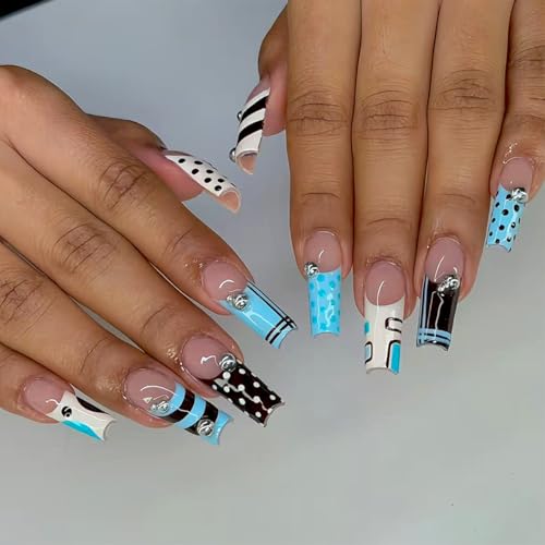 plalely Blue Press on Nails Square Long Polka Dot Press on False Nails with abstract Print Design Y2K Stick on Nail for Women 24pcs