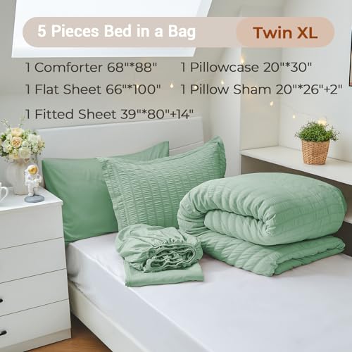 Image of MUXHOMO 5 Pieces Twin XL Comforter Set, Seersucker Bed in a Bag Twin XL Size, All Season Luxury Bedding Set with Comforter, Flat Sheet, Fitted Sheet, Pillowcase & Sham, Sage Green