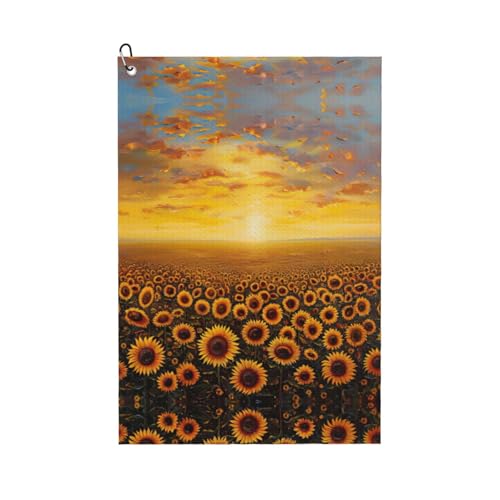 Serviette de golf à usage général, motif champ de tournesol, coucher de soleil, mer de fleurs, accessoire de golf personnalisé pour homme, absorbant et polyvalent