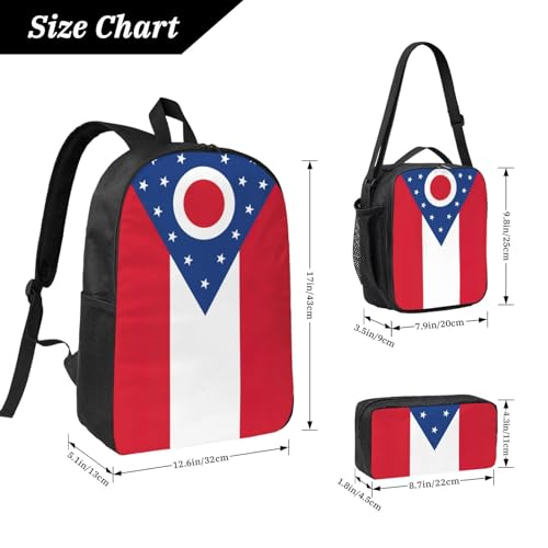 Ohio State Flag print Shoulder Bookbags Lunch Bag and Pen Case 17 inches Backpack with Lunch Box, Cute Bookbag Set4
