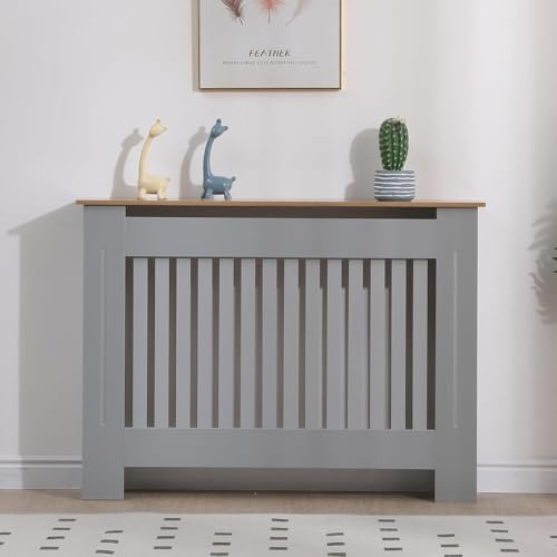 Vivo Technologies Radiator Cover Grey Modern Horizontal Slats, Medium Radiator Cover Grill Shelf Cabinet MDF Wood Decorative Heater Cover,Grey,W 112 x H 82 x D 19 cm