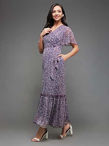 Image of Miss Chase Women's Multicolored-Base-Brown Relaxed Fit Maxi Lurex Chiffon Dress