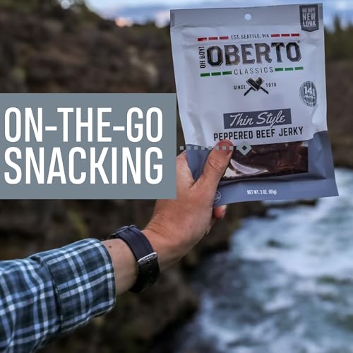 Image of Oberto Classics Thin Style Beef Jerky, Peppered Flavor, No Artificial Ingredients, High Protein, Gluten Free, Wood Smoked, Premium Steak Beef Jerky High Protein Snacks, 2.2 Ounce (Pack of 8)