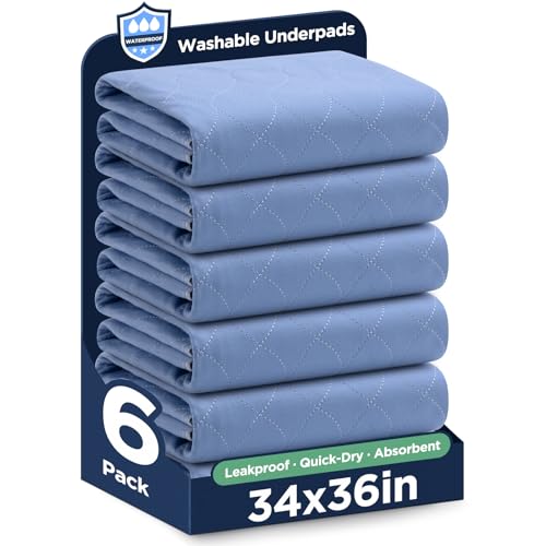 Image of Washable Bed Pads 34 inch x 36 inch - 6 Pack, Blue, Waterproof Bed Pads for Incontinence, Bed Wetting Pads for Bed, Sofa, Floor, Resuable Underpads for Adults, Seniors, Pet