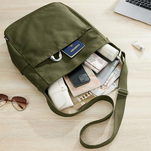 Image of KALIDI Canvas Tote Bag Zipper Large Crossbody Shoulder Bag Messenger Bag | Hobo Purse Cross Body Handbag for Women or Men Casual College Work Travel Daily Commuting Everyday
