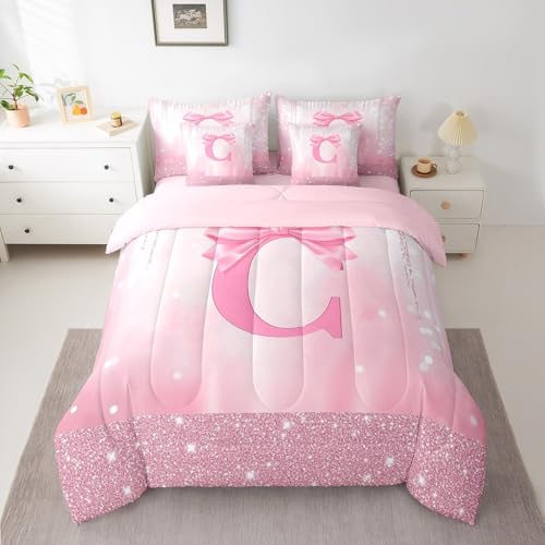 Image of Feelyou Kids Pink Bowknot Bed in A Bag Full Size, Personalized Initial C Comforter Set with Sheets Princess Glitter 7 Pieces Bedding Set Boys Girls Bow Alphabet Teens Bed Set Bedroom Decor 7Pcs