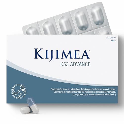 Kijimea K53 Advance - Cápsulas de bacterias intestinales de alta dosis, 53 cepas de microcultivos seleccionadas de la flora intestinal, con biotina, >500 mil millones de UFC por paquete - 56 cápsulas