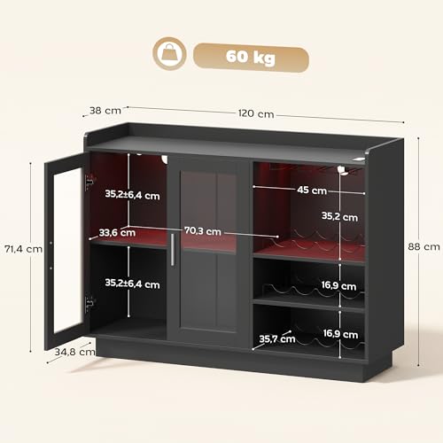 HOMCOM Mueble de Bar, Armario Buffet para Vinos con Luces LED RGB y Botellero para 12 Botellas, Aparador de Cocina con Estante Ajustable y Puertas de Cierre Suave, para Comedor, Salón, Negro - imagen 3