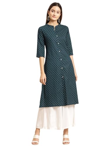 Image of rangita Women Cotton Regular Fit Flex Calf Length Printed Front Slit Kurti | Kurta