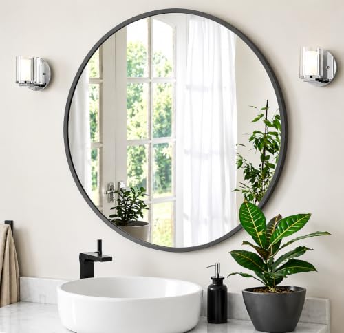 The Arts Box Round Wall Mirror 24 Inch | Premium Black Metal Fram...
