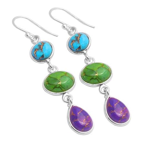 Silver Palace Natural Multi Color Turquoise Gemstone 925 Sterling Silver Drop Dangle Earring For Women & Girls Cover