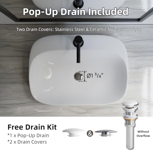 Image of 24″W x 17″D Drop In Bathroom Sink, Los Flexi White Rectangular Semi Recessed Bathroom Vessel Sink with Pop-Up Drain Kit, Single Faucet Hole, Above Counter Basin for Bathrooms