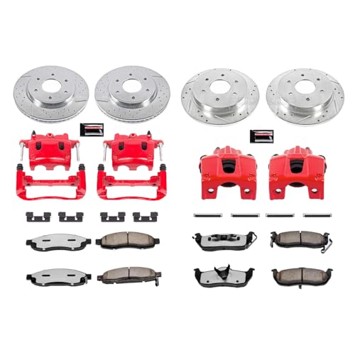 Image of PowerStop Front and Rear Brake & Caliper Kit for INFINITI QX56 2005-07 |Nissan Armada 2005-06 |TITAN 2005-07 - Drilled & Slotted Disc Rotors + Z36 Brake Pads + Red-Powder Coated Calipers, KC212-36