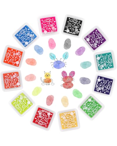 Stempelkissen Set, 12 Farben Stempelkissen Fingerabdrücke Set, Ungiftig Abwaschbar Stamp Pad Bunte Stempelkissen, Kinder Farbe Stempelkissen, für Papier Handwerk Stoff Malerei DIY Geburtstag Geschenk