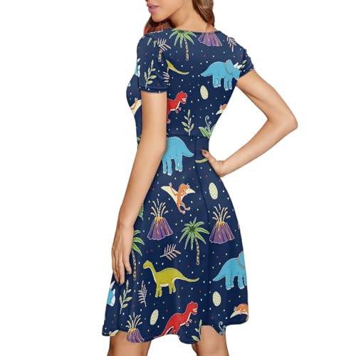 Image of POLERO Women Puffy Swing Elegant Party Midi Dresses Short Sleeve Round Neck A-Line Dress