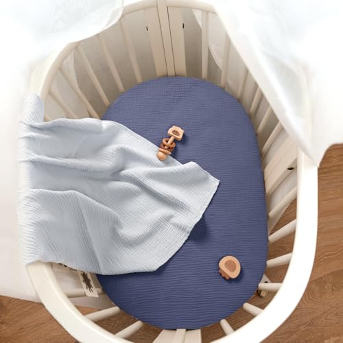 Image of lulumoon Baby Muslin Bassinet Sheets: Cotton Bassinet Sheets Neutral for Boys and Girls - Fitted for Oval Rectangle or Hourglass