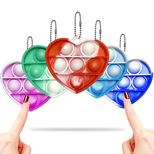 ZJRUI 5 Pack Mini Push Pop Fidget Keychain Toys, Push Popper Bubble Keychain Fidget Sensory Simple Dimple Pop Toys, Silicone Anxiety Push Bubble Popping Stress Relief Toys Gifts for Kids Adult -Heart