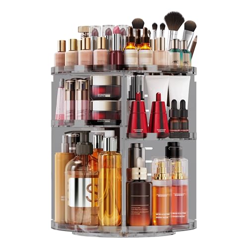 Auxmir Organizador de Maquillaje Giratorio 360, Organizador Perfumes y Cremas, Almacenaje Maquillaje con 9 Niveles Ajustables, para Pintalabios Brochas Baño Tocador, Gran Capacidad, Gris