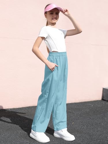 Image of SANGTREE Womens Wide Leg Pants Lightweight Casual Elastic High Waist Straight Leg Loose Trousers for Womens, Peacock Blue, L