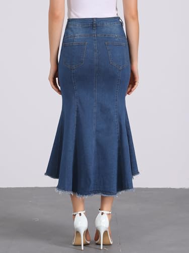 Allegra K Women's Washed Fishtail Denim Skirt High Waist Raw Hem Fashion Casual Midi Jean Skirts with Pockets4