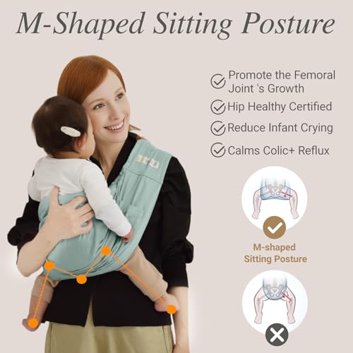 kerätä Baby Sling Carrier for Newborn to Toddler(8-45 Lbs), Cozy Wearing Baby Wrap Carrier with Adjustable Shoulder Strap Safety Buckle, Portable Lightweight Child Carrier Sling One Size Fit All-Green - Thumbnail 7
