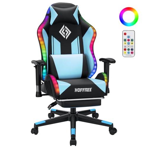 HOFFREE LED Gaming Stuhl für Kinder Computer Stuhl mit RGB Lichter 155° Liegestühle Ergonomischer Gaming Sessel für Teenager 6-15 PC Gamer Stuhl Videospielstühle mit Fußbrett,Blau und Schwarz