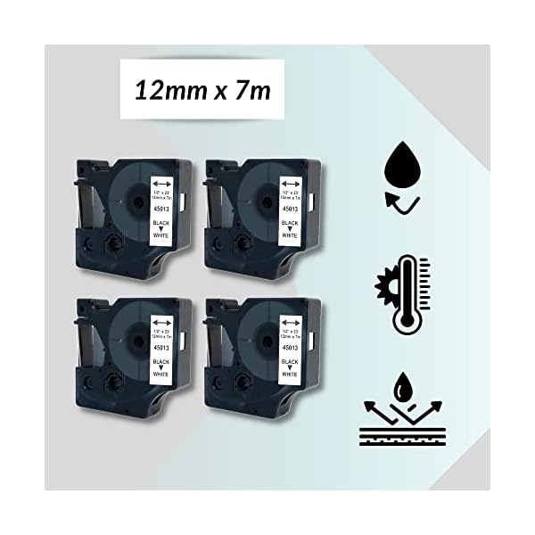 4 Stück 45013 Etikettenband kompatibel mit Dymo D1 S0720530, schwarz auf weiß, 12mm x 7m, Schriftbänder für… – Bild 3