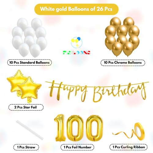 Image of Flyloons 100th Happy Birthday Decoration Kit Gold White for Boys Girls Men Women Adults With 20 Pcs Chrome Balloons Birthday Banner 2 Pcs Star Items Set Golden