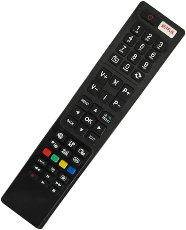 Angled view of the RC4848F LINSAR TV remote control, highlighting its ergonomic design and button placement.