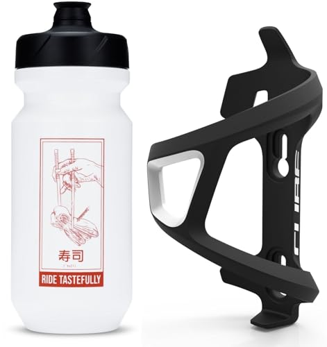 Cube HPP Left Side Loading Cage - Black & Flow Bottle - White, 500ml / Lightweight Bicycle Cycling Cycle Bike MTB Mountain Road Water Drink Flask Bidon Bracket Mount Holder HPA HPP Set Accessories