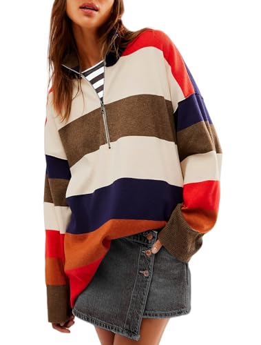 Women's Oversized Striped Sweaters Quarter Zip Y2k Sweater Loose Long Sleeve V Neck Pullover